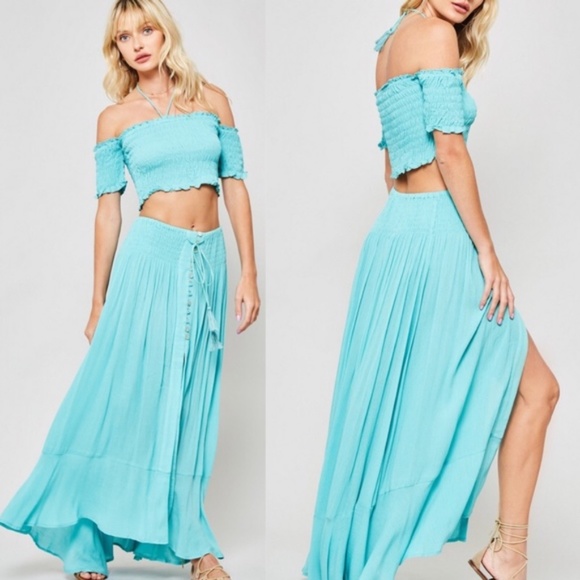 Boho Smocked Tassel Mint Crop Top Maxi Skirt Set - Picture 5 of 6